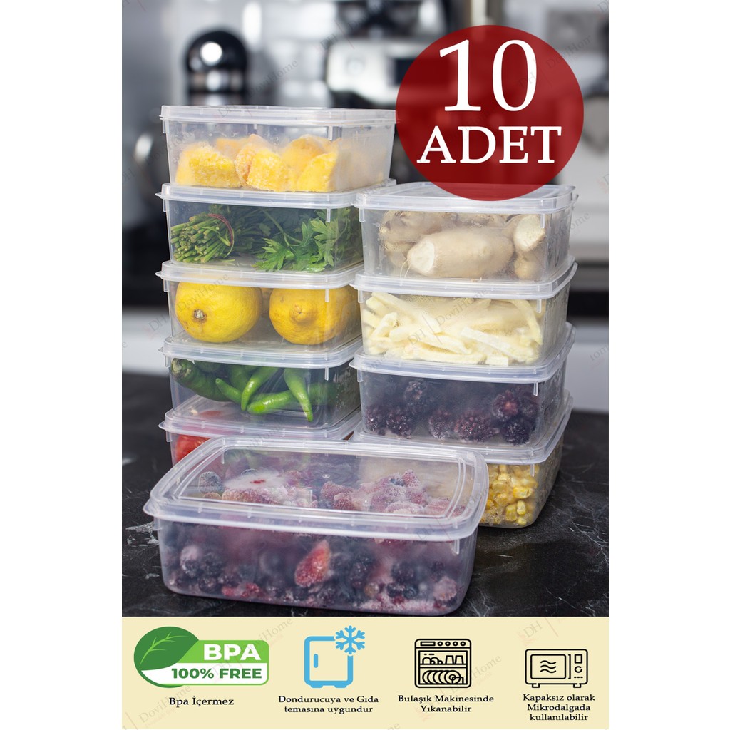 10 Adet 1,35 Lt Bpa Içermeyen Şeffaf Buzdolabı ve Buzluk Saklama Kabı Seti - 1350 ML Eşya Saklama / Düzenleme Fiyatı