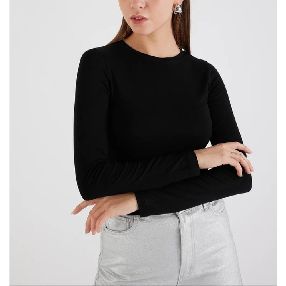 10 & Bir Bisiklet Yaka Düz Siyah Uzun Kollu Kadın Crop Tişört Bayan T-shirt Fiyatı