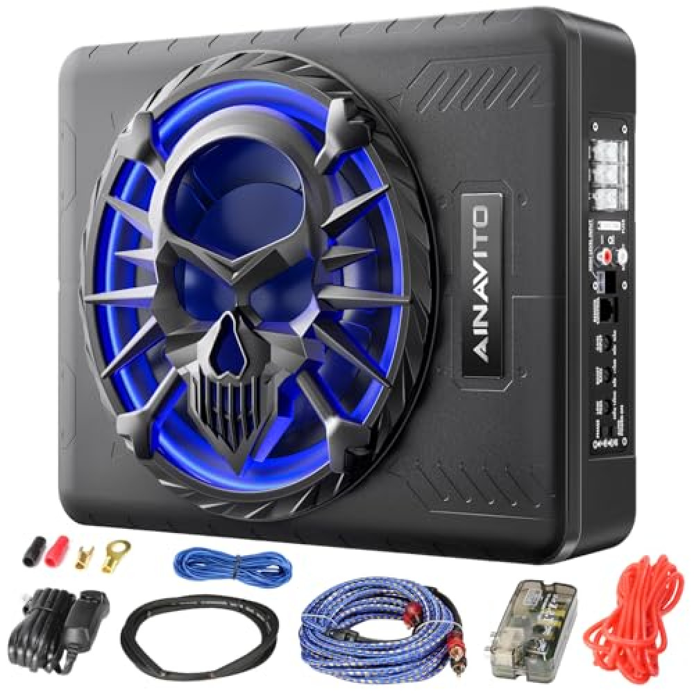 10-Inch Slim Powered Car Subwoofer with 800W Amplifier-Under-Seat Bass System for Cars/Trucks, Built-in Bass Control & LED Lighting DSP Optimized