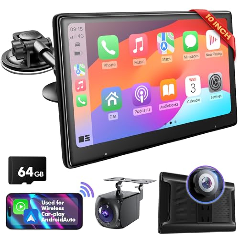 10 Inch Touch Screen for Car - Used for Wireless Apple Carplay Android Auto - Portable Car Stereo with 2K Front Dashcam, 1080P Rear Dash cam Backup Camera, Bluetooth, MirrorLink AUX