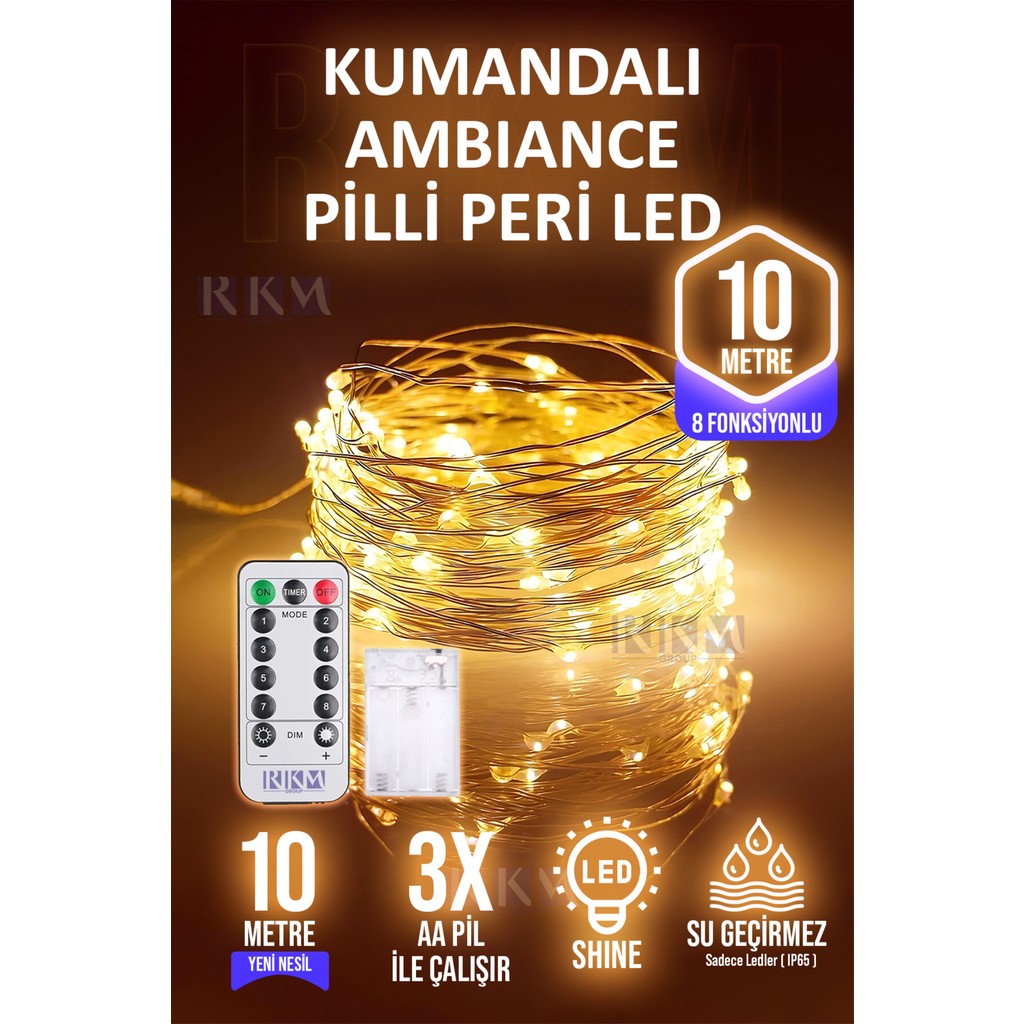 10 Metre Kumandalı Pilli Peri LED Gün Işığı Renginde Dekoratif 8 Fonksiyonlu 3 Adet Aa Kalem Pilli TV Aksesuarları Fiyatı