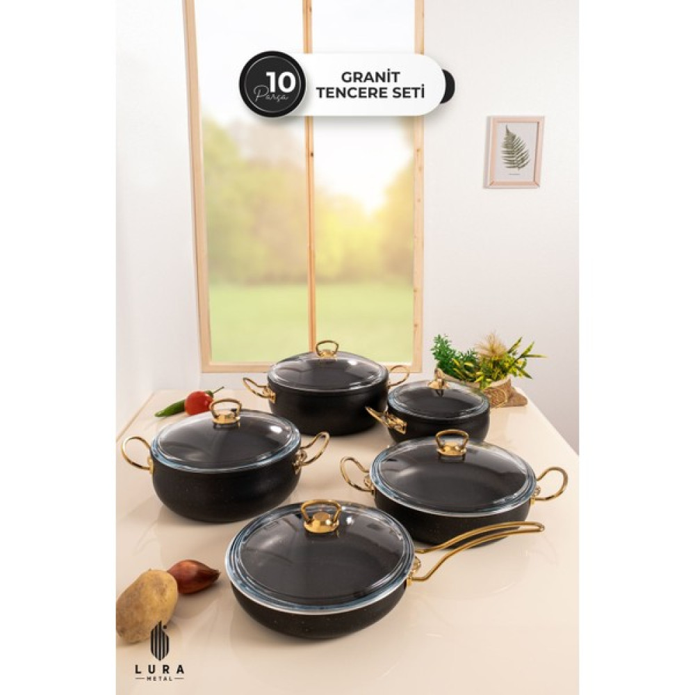 10 Parça Siyah Granit Tencere Seti - 26 cm Pyrex Kapaklı ve Gold Kulplu Şık ve Dayanıklı Tasarım Tencere / Tava Setleri Fiyatı