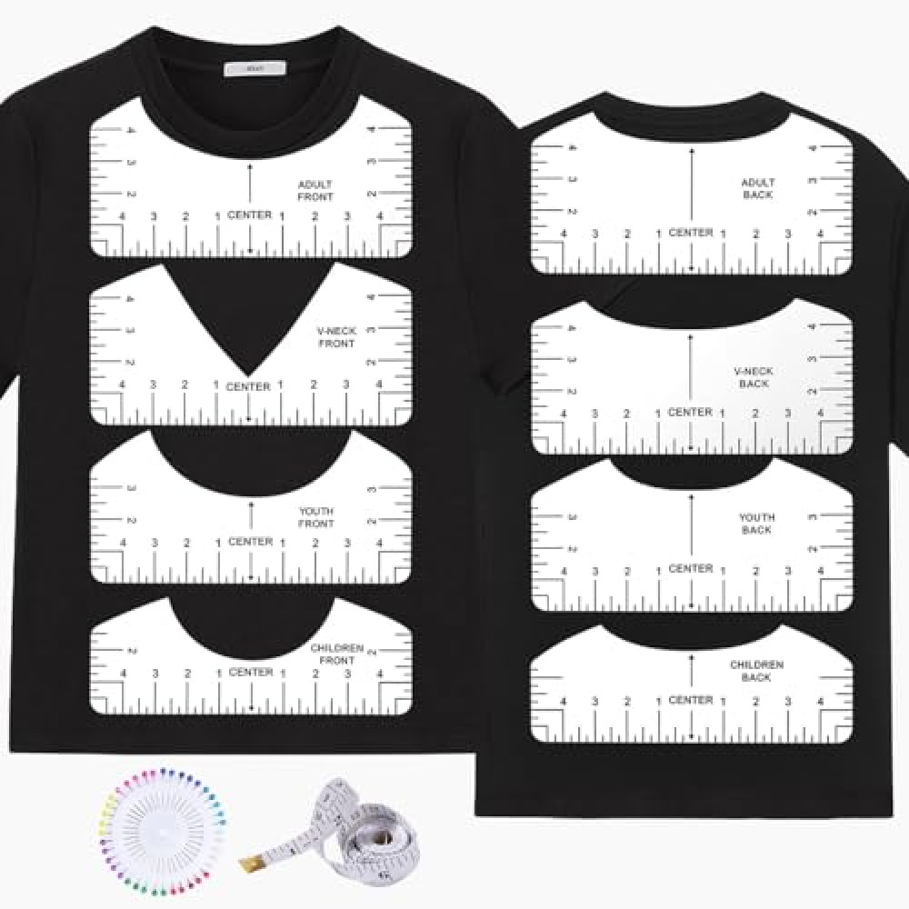 10 PCS T-Shirt Ruler Guide - Tshirt Measurement Tools for Children Youth Adult, V-Neck/Round PVC Rule Rulers Designs Heat Press Accessories for Vinyl Alignment, Heat Press