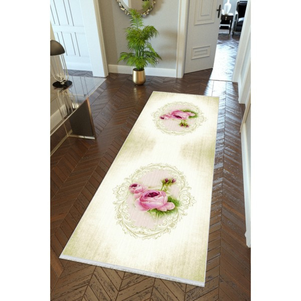10 Post Online Yolluk Gül Temalı Yeşil Bej Kaymaz Kesme Yıkanabilir Ince Dijital Baskı Koridor Halısı - Haki - 160 x 230 cm Yolluk Fiyatı