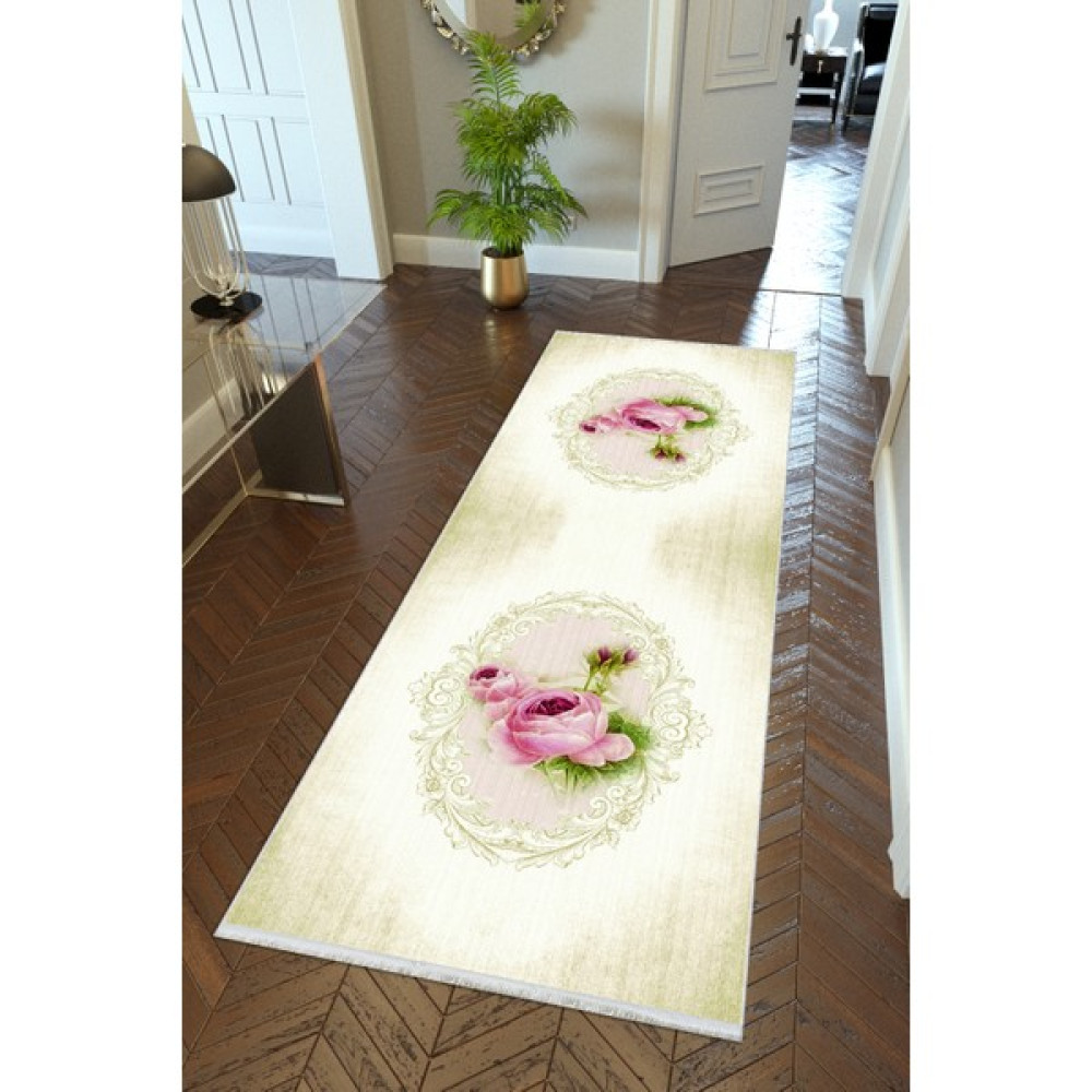 10 Post Online Yolluk Gül Temalı Yeşil Bej Kaymaz Kesme Yıkanabilir Ince Dijital Baskı Koridor Halısı - Haki - 80 x 150 cm Yolluk Fiyatı