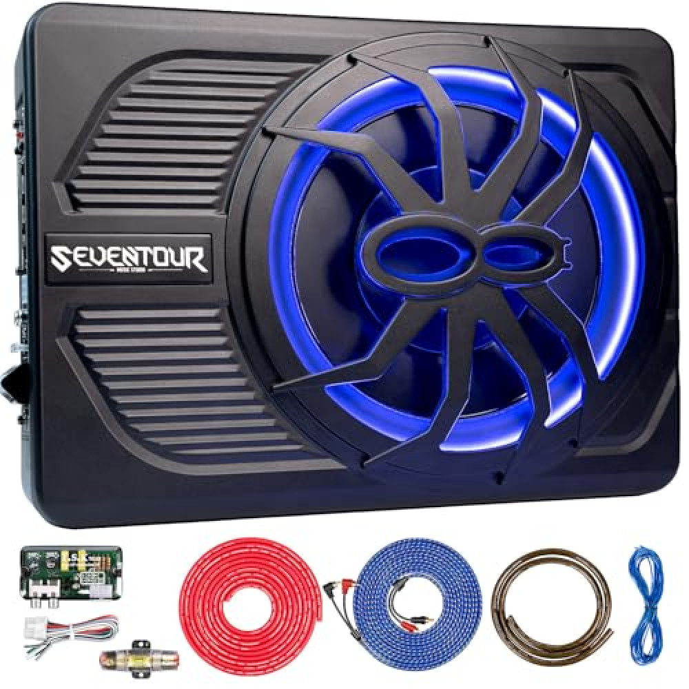 10" Upgrade 800W Slim Under Seat Powered Car Subwoofer, Car/Truck Audio Sub Built in Amplifier amp Combo Package, with Blue LED Light (Subwoofer+Installation Wire Kit)