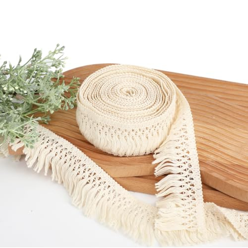 10 Yards Fringe Tassel Trim 2.3-Inch Wide Boho Long Beige Lace Cotton Trimming for Clothes Curtains Dress Sewing Crafts