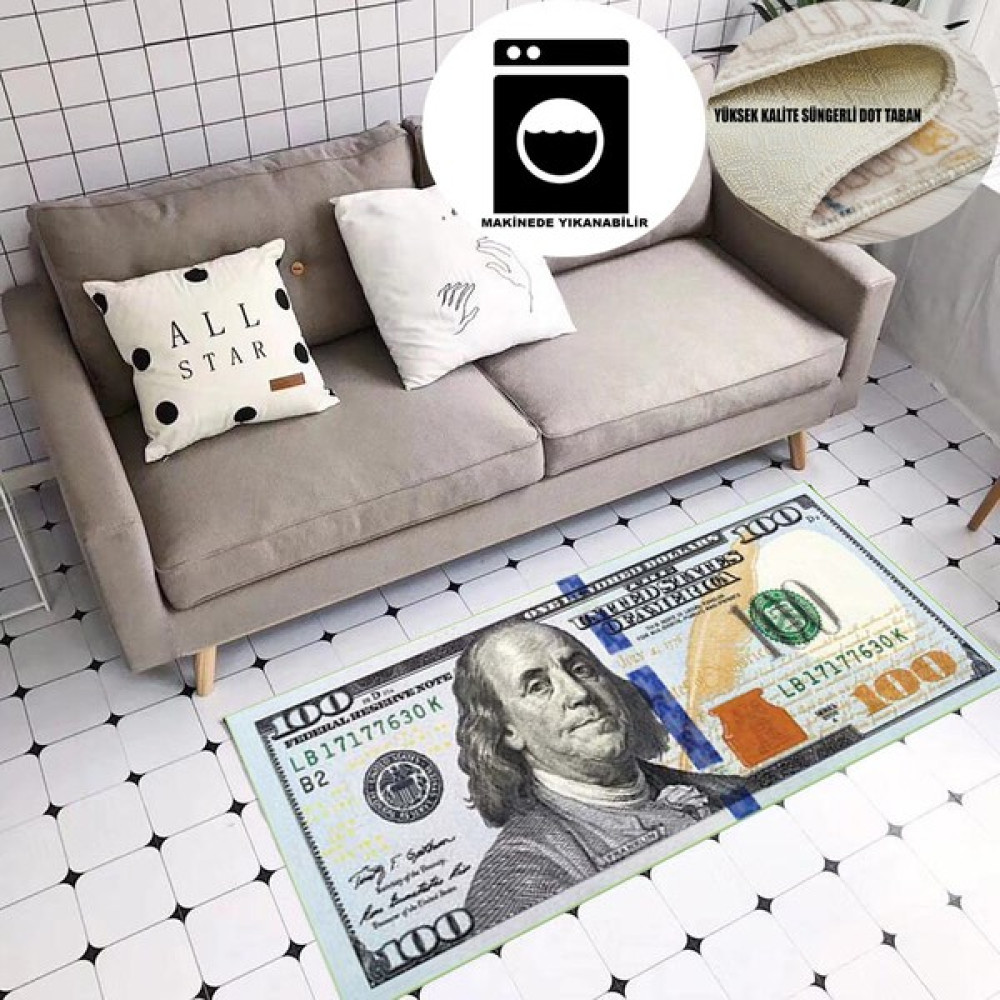 100 Dolar Şeklinde Özel Süngerli Yüzey - Kaymaz Taban Halı - 60 x 140 cm - Gri Salon Halısı Fiyatı