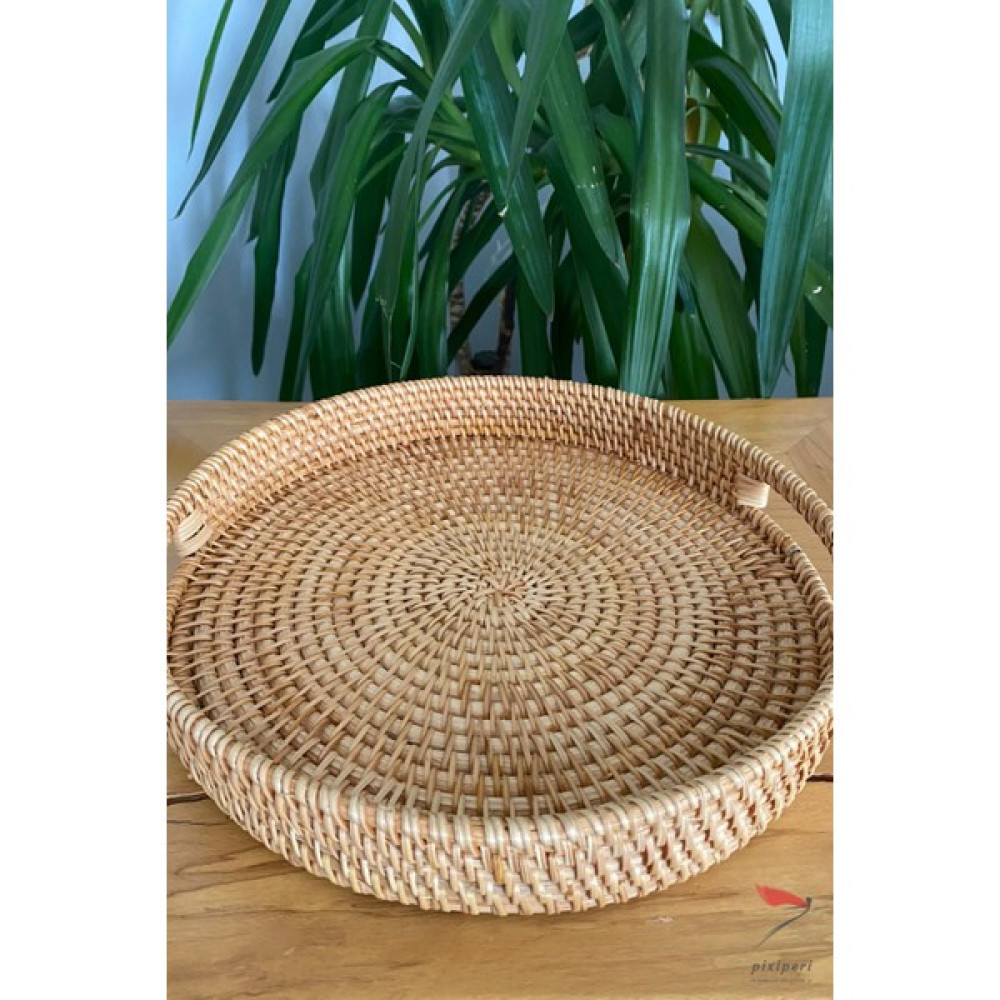 %100 El İşciliği Modern Iskandinav Bohem Rattan Gizli Kulplu Hasır Tepsi 30cm Servis Tepsisi Fiyatı