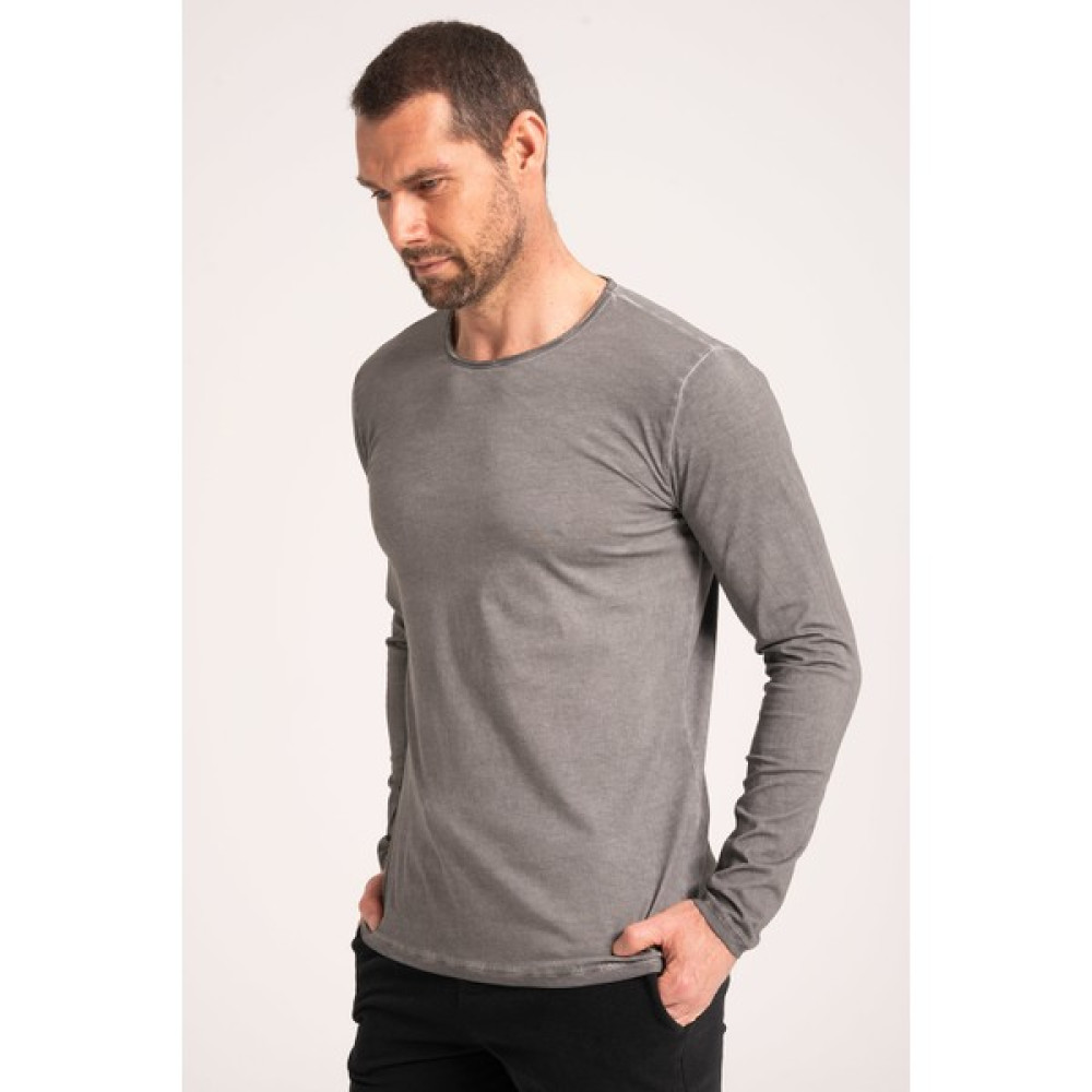 %100 Pamuk Yüksek Kalite Normal Fit Erkek Tişört, Yağ Yıkama (Dirty Oil) Uzun Kollu Gri Tshirt Erkek T-shirt Fiyatı