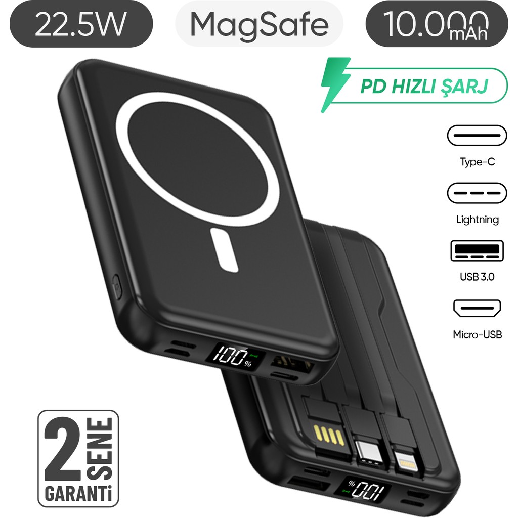 10.000 Mah Kablosuz Hızlı Şarjlı Magsafe Powerbank LED Ekranlı Dahili Kablolu Powerbank Çoklu Giriş - Siyah Taşınabilir Şarj Cihazı - Powerbank Fiyatı