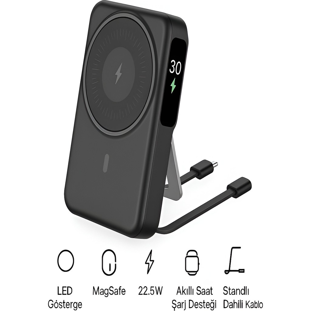 10000MAH 22.5W Type-C Lightning Kablolu/kablosuz Standlı Telefon/saat Şarj LCD Magsafe Powerbank - Siyah Bilgisayar Çevirici ve Adaptörü Fiyatı