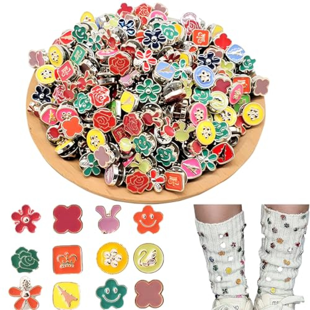 100Pcs Random Charms for Socks Sock Charms Pins Bling Sock Jewelry Charms Sock Charms Brooch Sock Accessories Charms Designer Safety Pin Charms for Socks Shoe Charms for Sneakers Junk Sock Charms