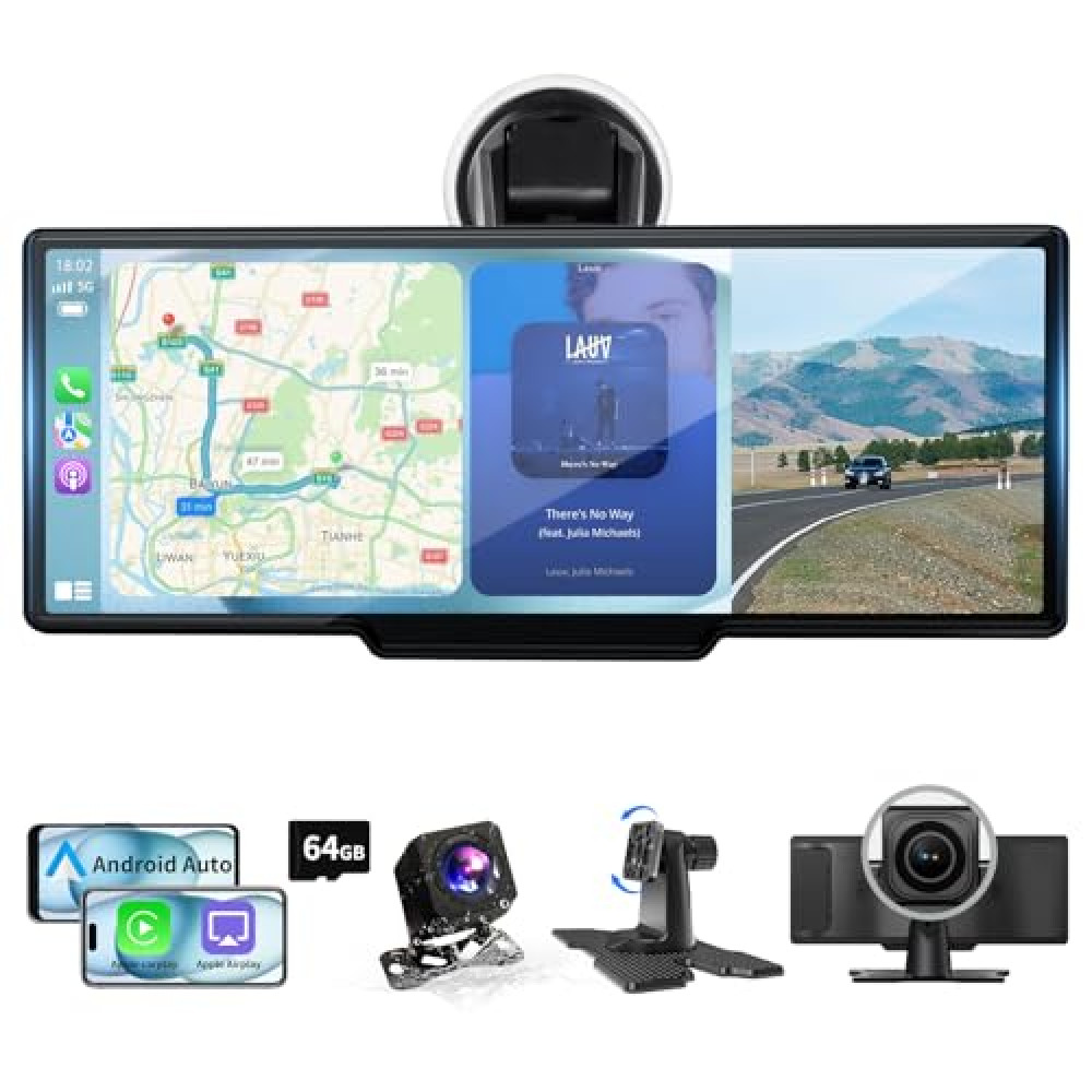 10.26" Wireless Carplay Screen with 4K Dash Cam, Portable Android Auto Screen, Car Stereo with 1080P Backup Camera, HD Touch Screen for All Vehicles, GPS Navigation, Mirror Link, Voice Control