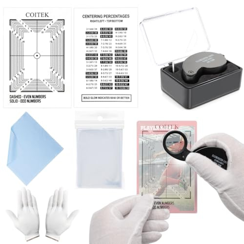 104PCS Card Grading Centering Tool Set,Card Grading Kit,Includes One 40x Magnifying Tool with Led Light,One Card Centering Tool,100P Card Sleeves,1xCloth,Gloves