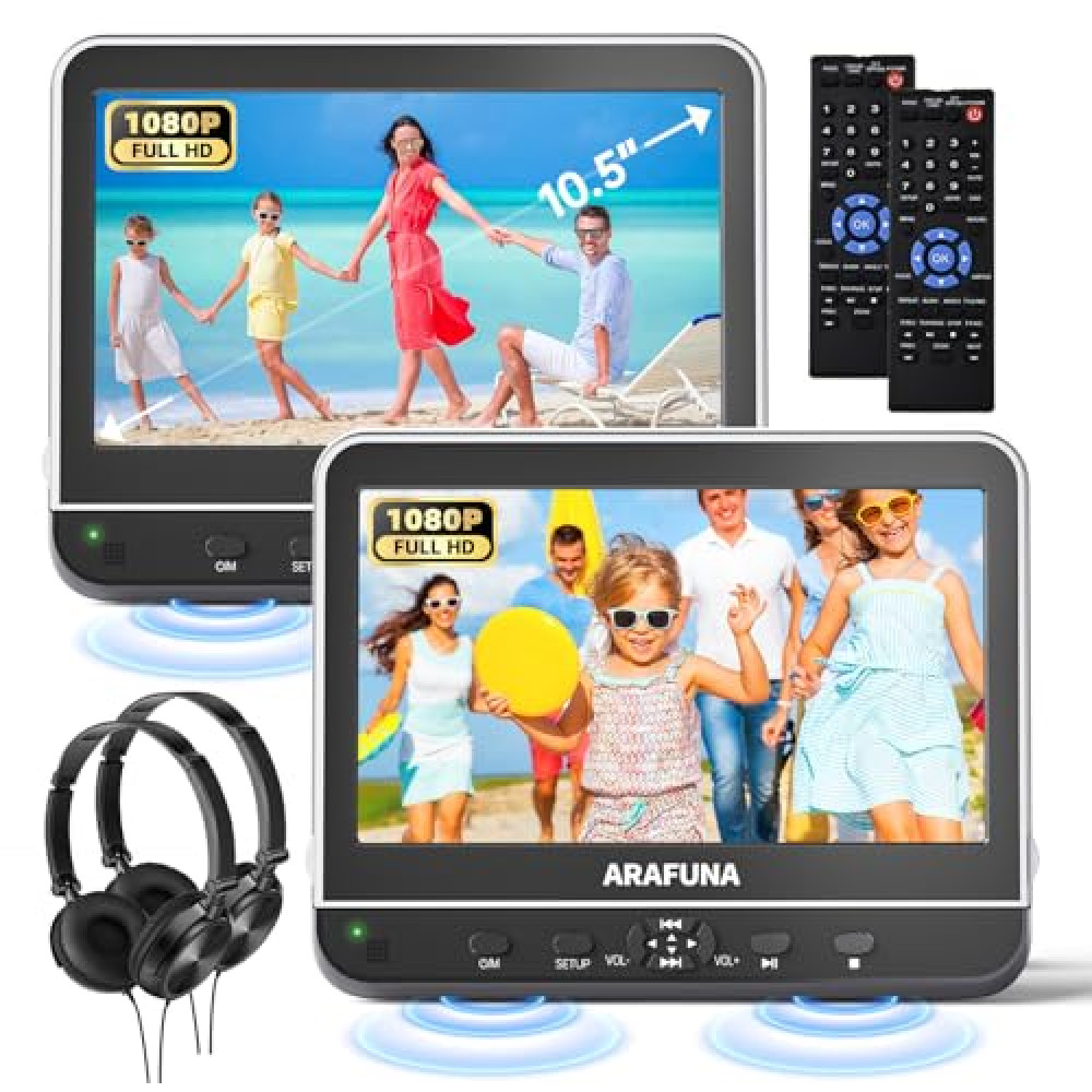 10.5" Dual Portable DVD Player with 1080P HDMI Input, Arafuna Car DVD Player Dual Screen Play A Same or Two Different Movies, Headrest for Car, Support USB/SD, Last Memory