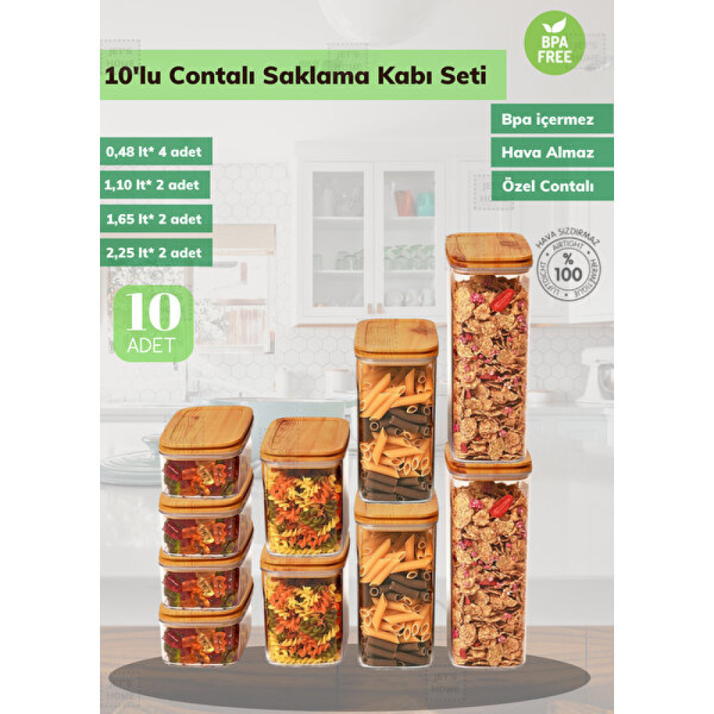10’lu Bambu Contalı Saklama Kabı Seti Erzak Kabı 4*0,48 Lt / 2*1,10 Lt / 2*1,65 Lt / 2*2,25 Lt - 10 Adet Saklama Kapları Fiyatı