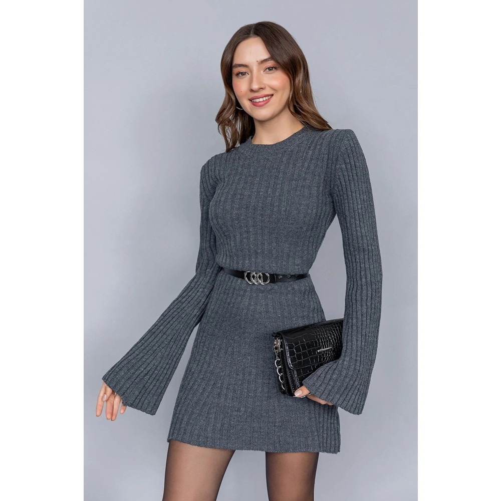 10NUMARAMODA 10 NUMARA MODA Kadın Antrasit Bisiklet Yaka Kloş Mini Fitilli Kışlık Triko Elbise XS-S Beden Elbise Fiyatı