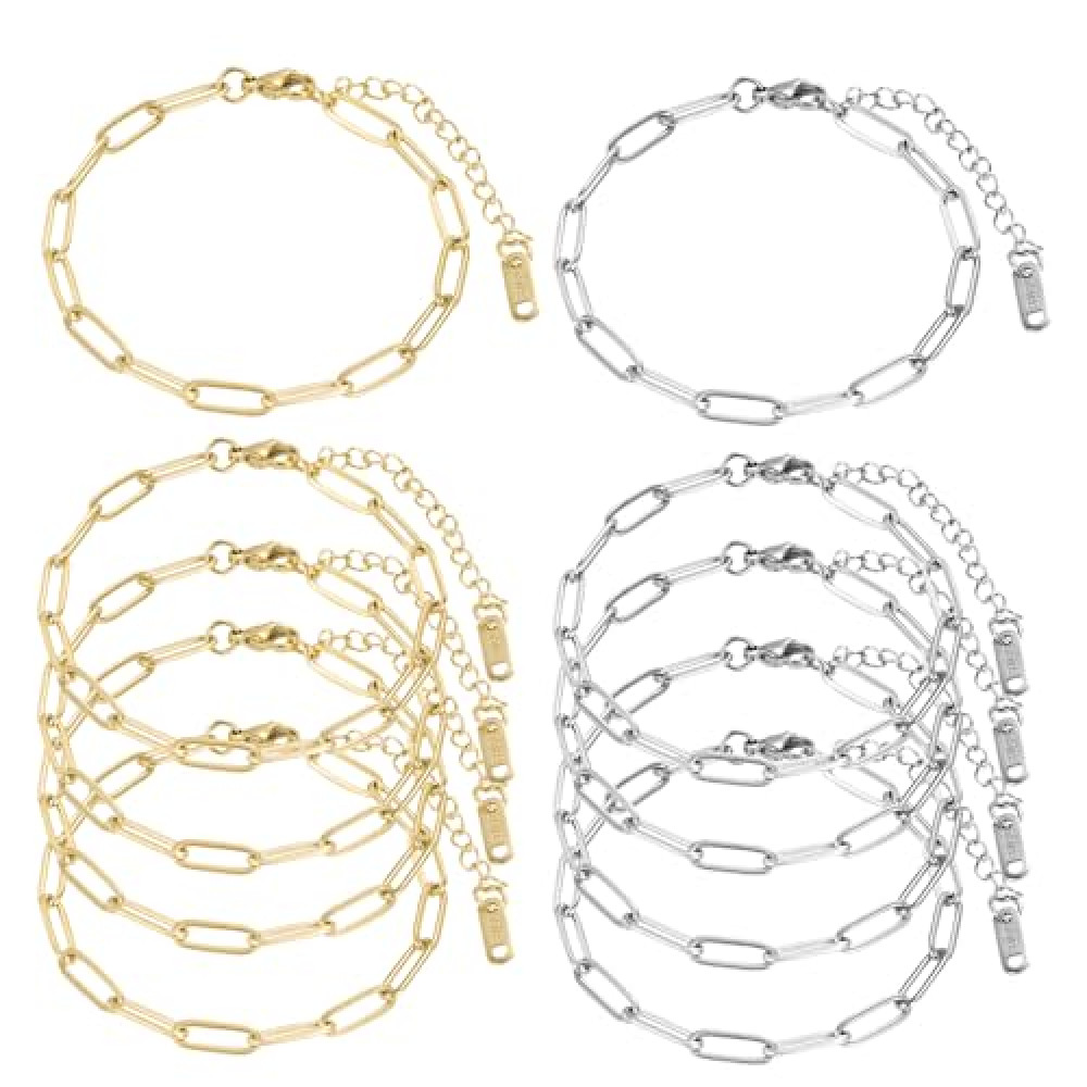 10PCS 18K Gold Plated 6.3Inch Paperclip Chain Bracelets Kit Stainless Steel Adjustable Charm Bracelets with Lobster Clasps for DIY Jewelry Making(Gold+Silver)