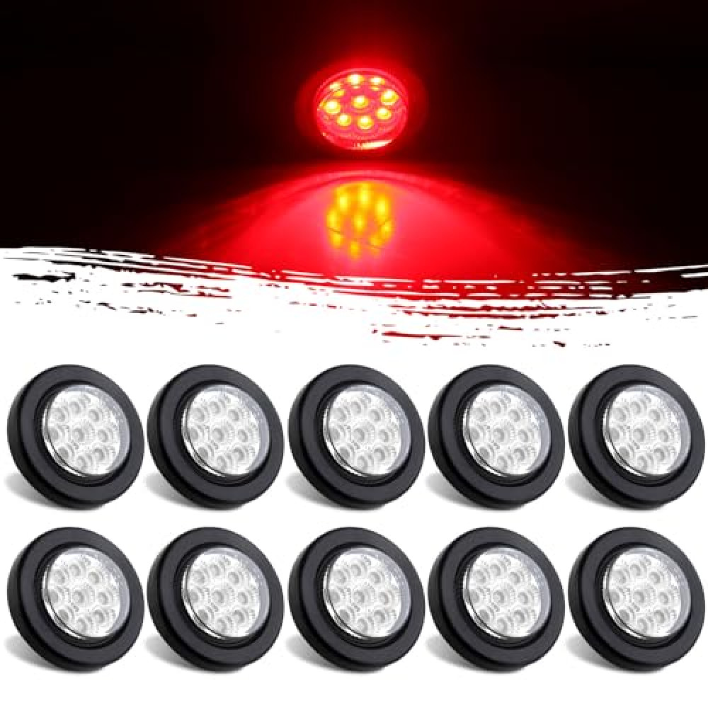 10Pcs 2" Inch Round Red Led Trailer Side Marker Clearance Lights Kit Clear Lens 9 LED Reflectors w/Rubber Lights Grommets and 2 Prong Wire Pigtails Sealed Waterproof Marker Lights for Trucks 12V