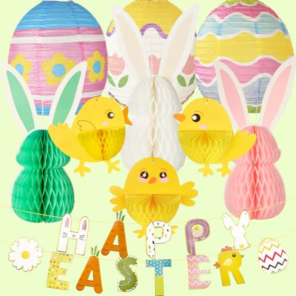 10Pcs Bunny Chicks Honeycomb Paper Decoration Set, Pastel Green Yellow Pink Hanging Easter Egg Paper Lantern Classroom Tissue Pompom Decor, Happy Easter Banner Indoor, Outdoor Party Favor