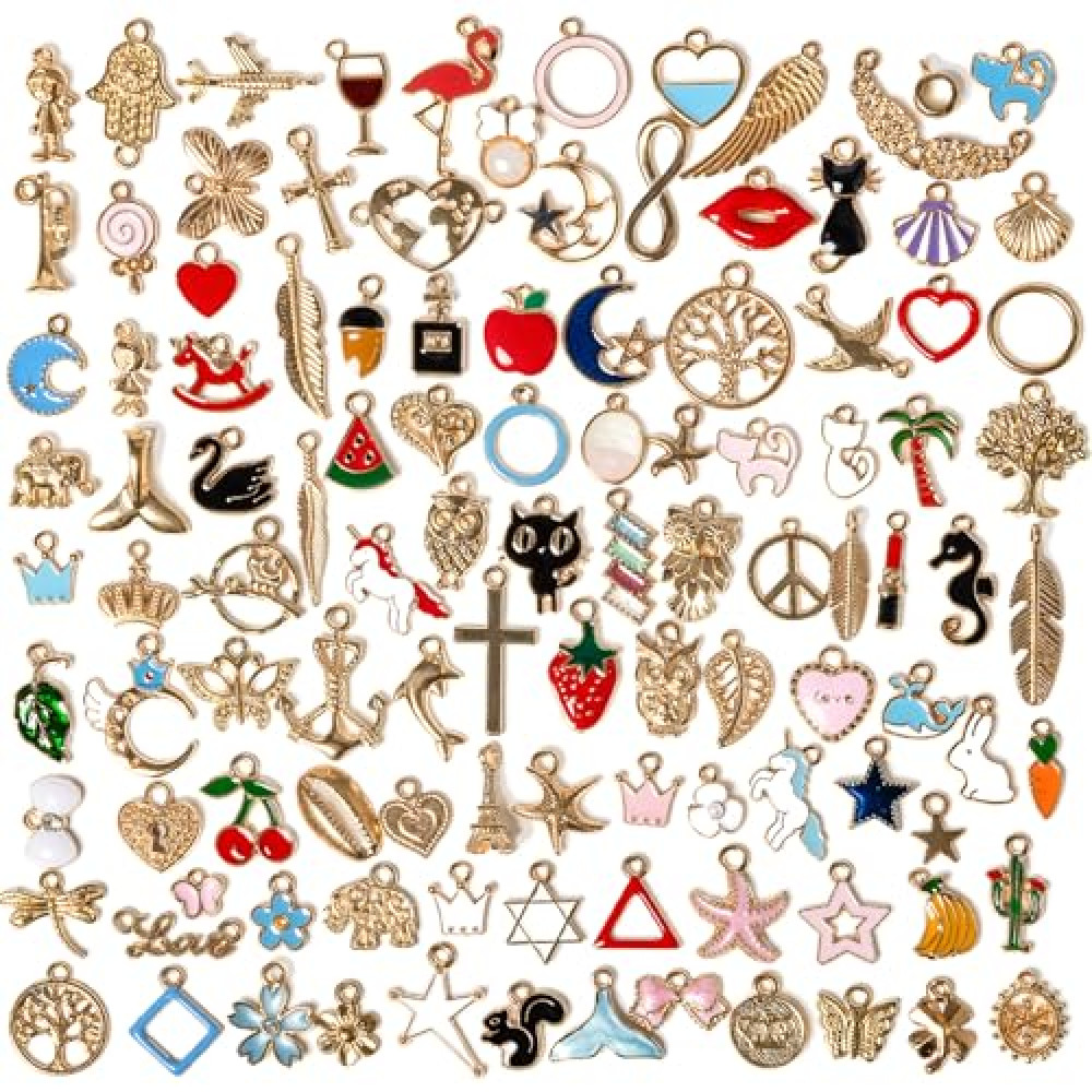 110PCS Bracelet Charms, Assorted Jewelry Making Charms, Gold Plated Enamel Charms Pendants for Necklace Bracelet Jewelry Making