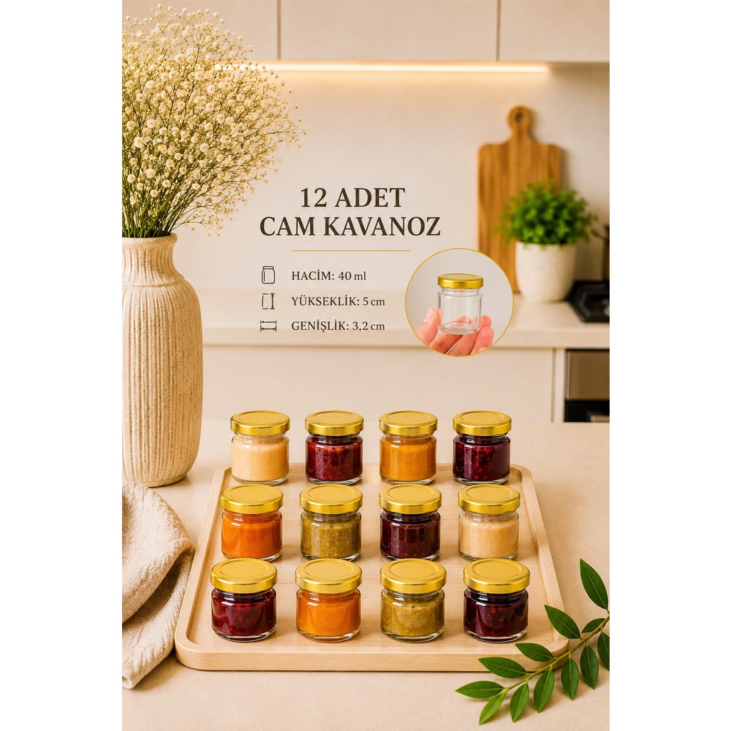 12 Adet 40 ml Metal Kapaklı Şeffaf Numune Mama Ek Gıda Şekerleme Reçellik Küçük Cam Kavanoz - Gold Diğer Fiyatı