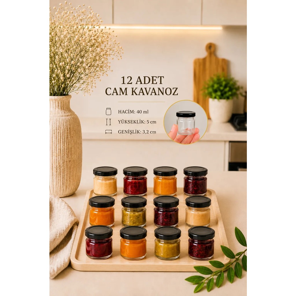 12 Adet 40 ml Metal Kapaklı Şeffaf Numune Mama Ek Gıda Şekerleme Reçellik Küçük Cam Kavanoz - Siyah Diğer Fiyatı