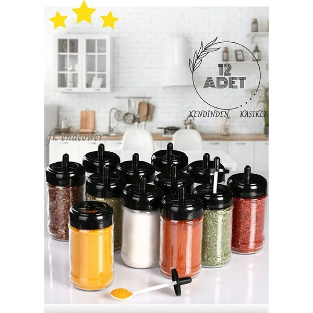 12 Adet Kapağı Kendinden Kaşıklı Baharatlık Seti - (300 Ml) Cam Kavanoz Baharat Setleri & Baharatlıklar Fiyatı