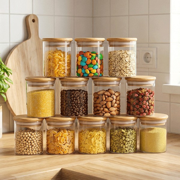 12 Adet Vakumlu Bambu Kapaklı Borosilikat Baharatlık, Saklama Kabı, Çerezlik (200 Ml) Jarpot - Şeffaf - 200 ml Eşya Saklama / Düzenleme Fiyatı