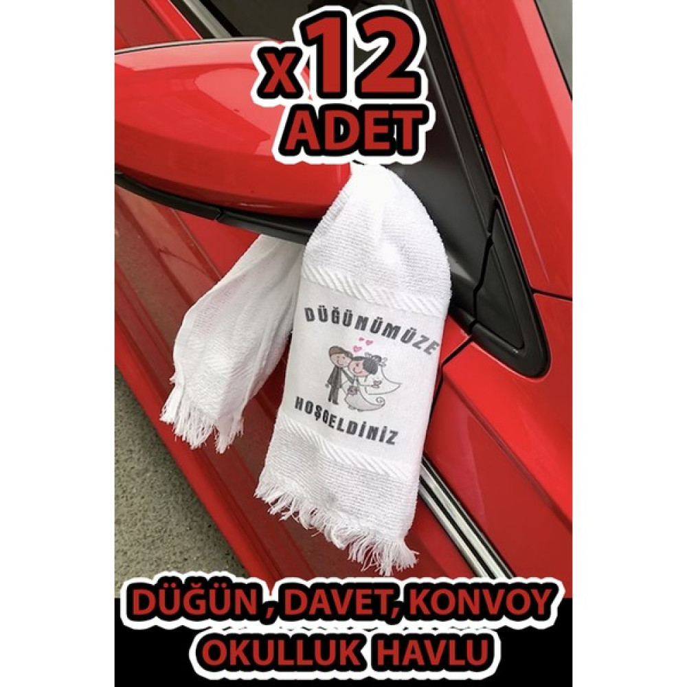 12 Adetli Saçaklı Düğün Havlusu Gelin Damat Desenli Konvoy Havlusu Ekonomik Model - 38 x 75 cm - Beyaz El / Yüz Havlusu Fiyatı