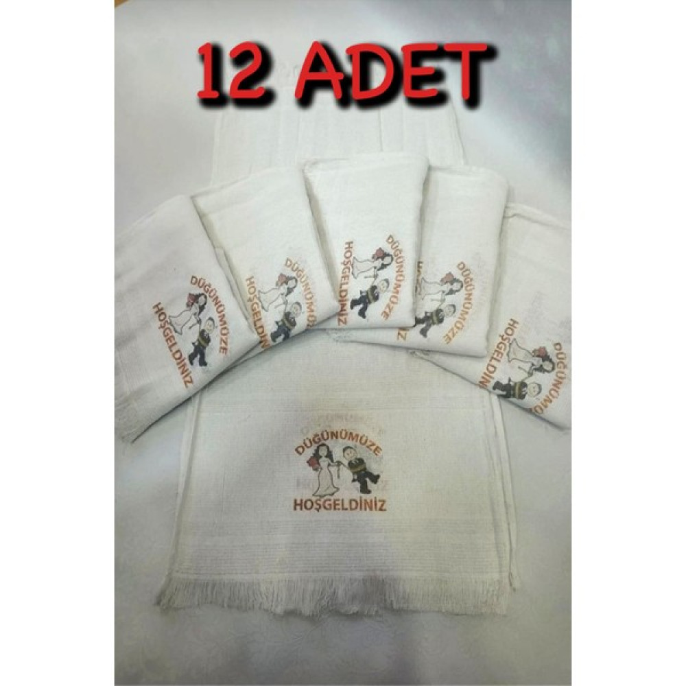 12 Adetli Saçaklı Düğün Havlusu Gelin Damat Desenli Konvoy Havlusu Ekonomik Model - 38 x 75 cm - Karma El / Yüz Havlusu Fiyatı