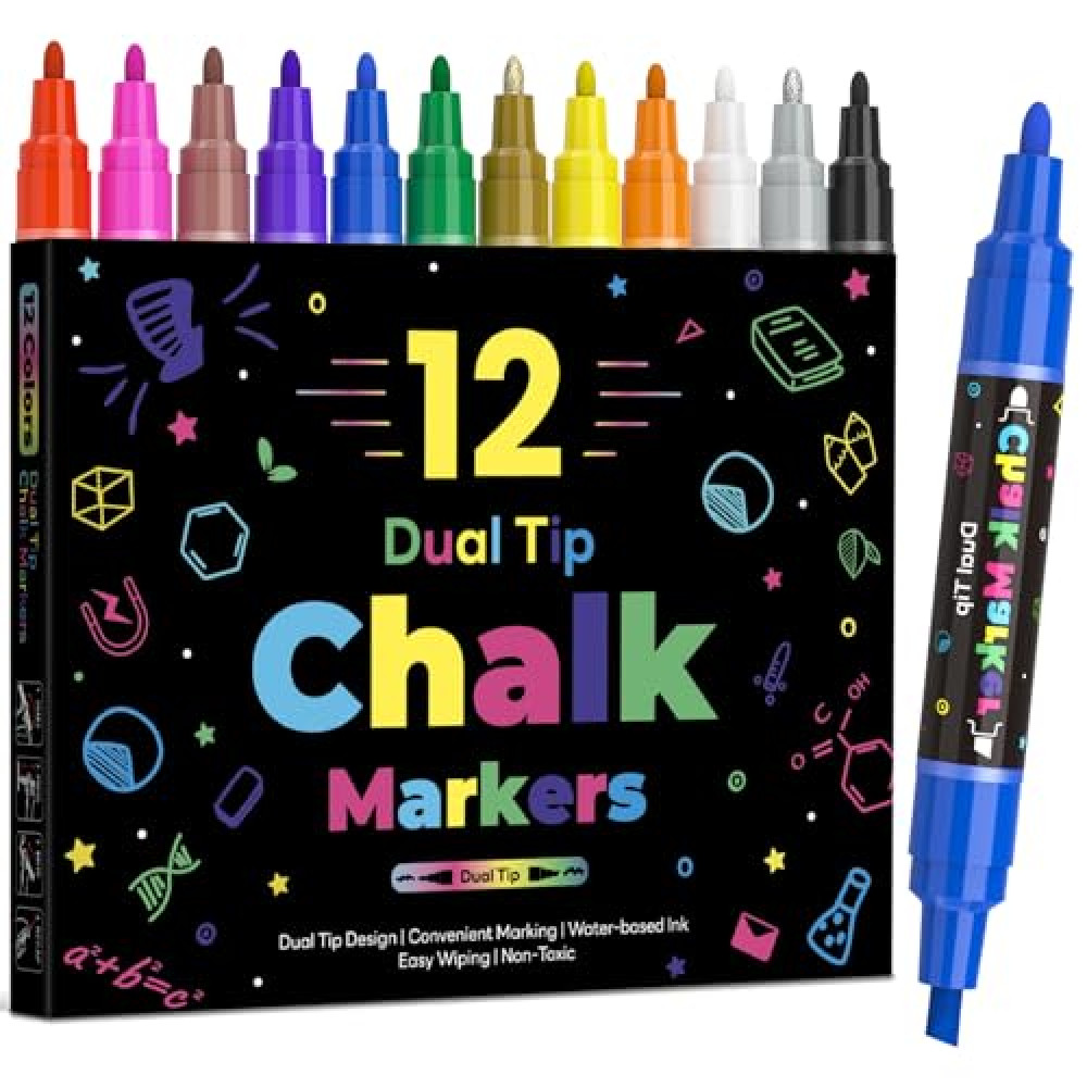 12 Dual Tip Liquid Chalk Markers - Erasable Chalk Markers for Blackboard, Chalkboard Signs, Glass, Chalk Pens Wet Erase Makers for Bar Menu, Shcool,Wedding Sign, Just Married Car Windows Decorations Chalk Fiyatı