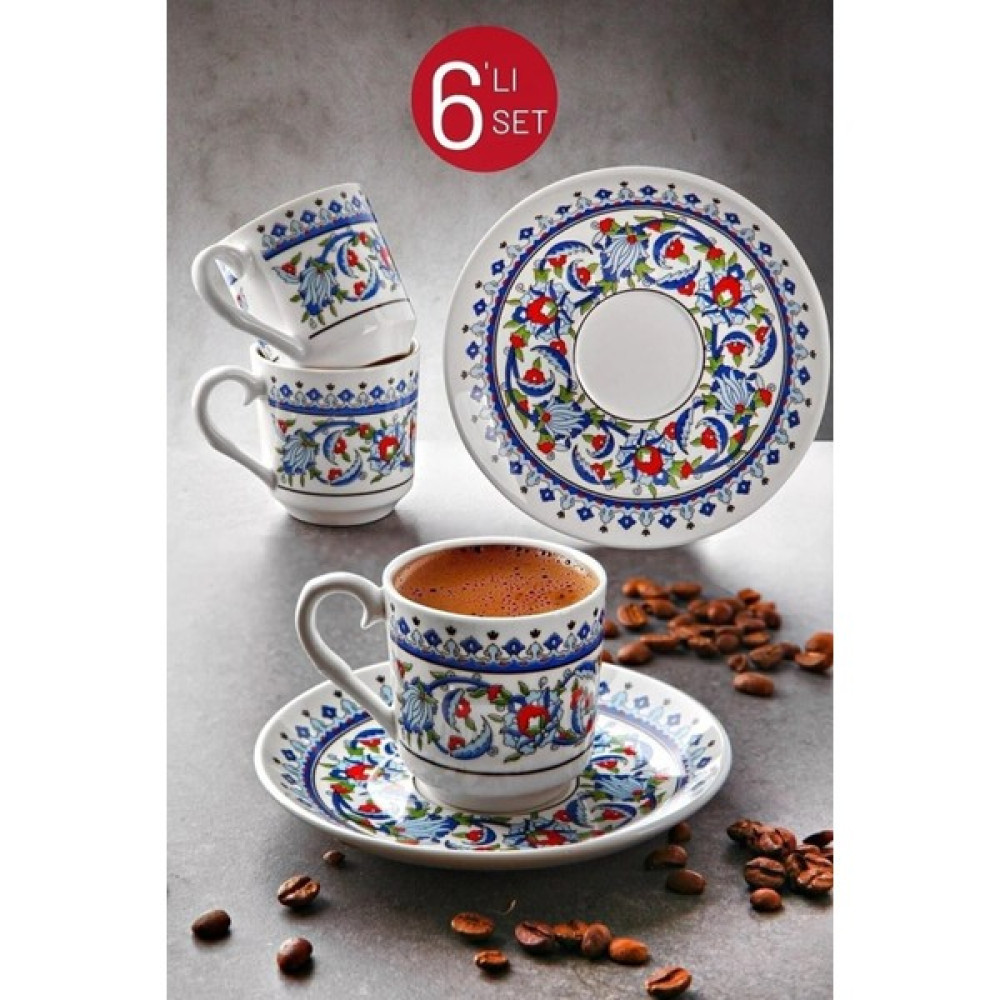 12 Parça 6 Kişilik Topkapı Desen Porselen Kahve Fincan Takımı - Açık Gri - Beyaz Fincan / Bardak / Kahve Takımı Fiyatı