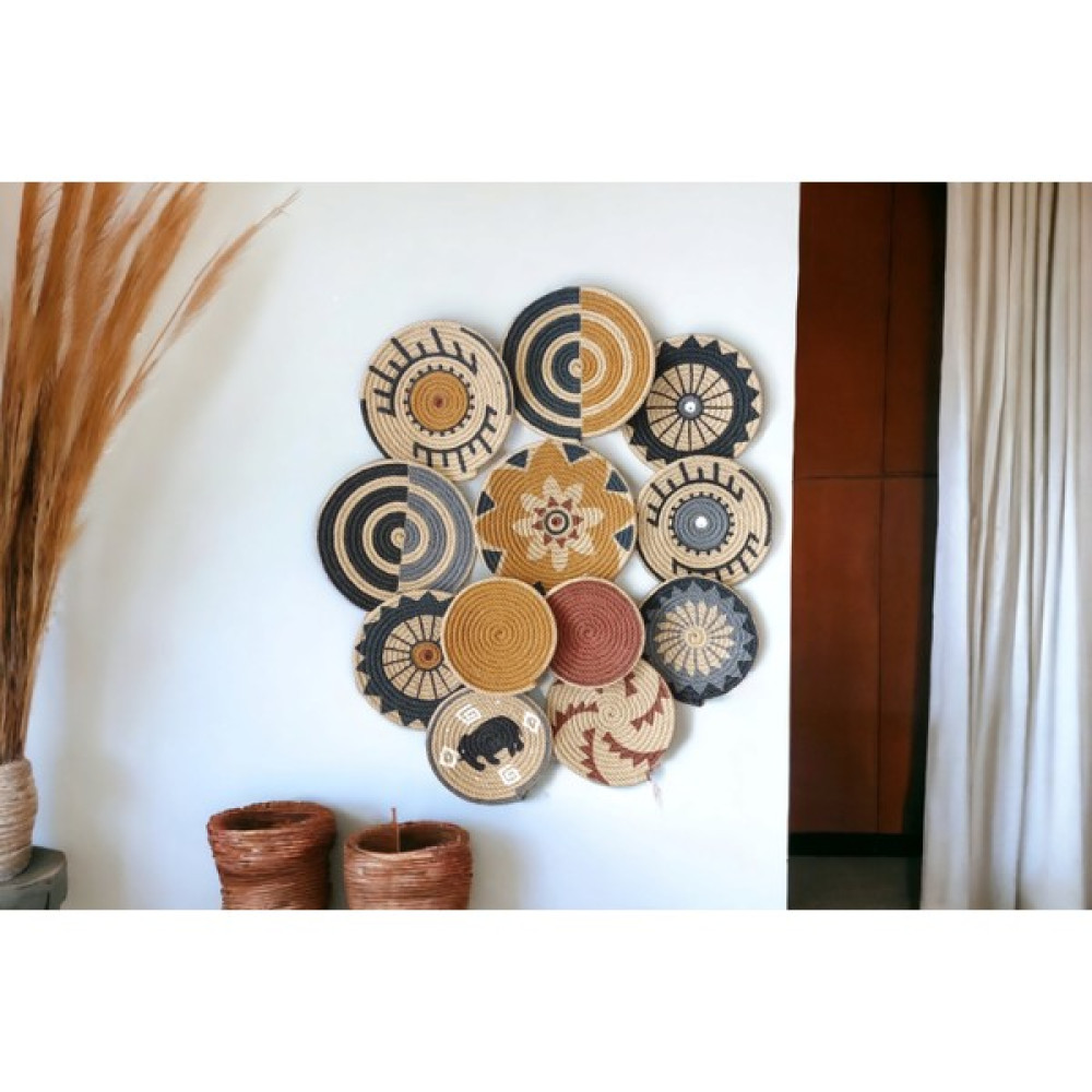 12 Parça bohem hasır afrikan Duvar Tabağı Seti - Hardal Ev & Dekorasyon Aksesuarları Fiyatı