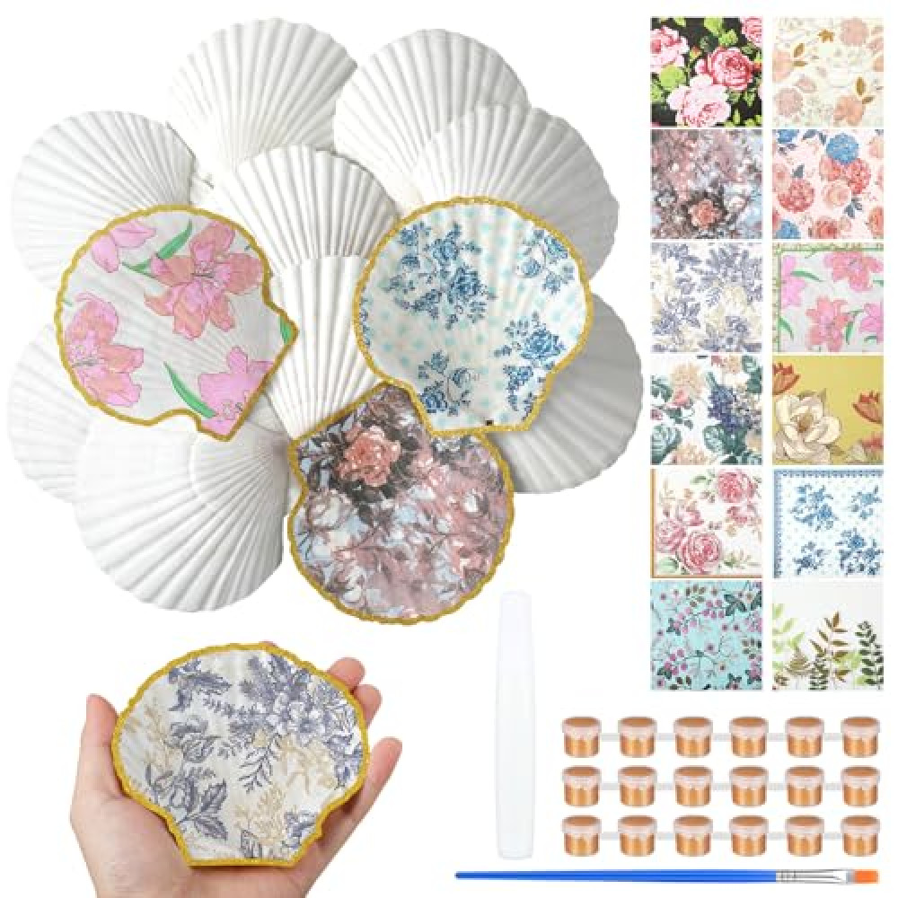 12 Set Scallop Shells for Crafts 4''-5'' White Natural Large Shells with 24 Pcs Decoupage Paper Napkin Acrylic Paint Strips and Brushes for Home Decor Vase Filler Ornaments DIY Arts Crafts Seashells