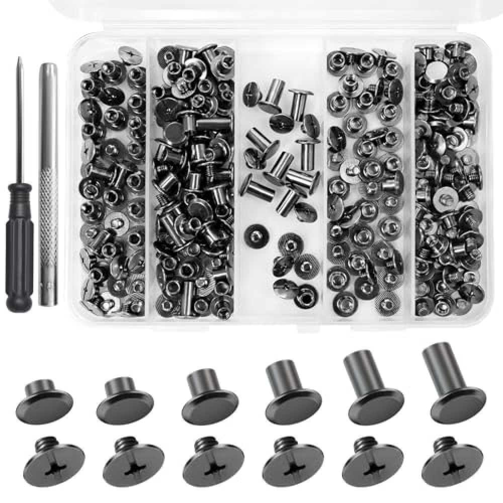 122 Pack Snap Button Kit, 6 Sizes Chicago Screws Leather Assorted Kit, for DIY Leathercraft Bags, Clothes, Jackets, Belts, etc (Leather Rivets M5 X 4, 5, 6, 8, 10, 12)