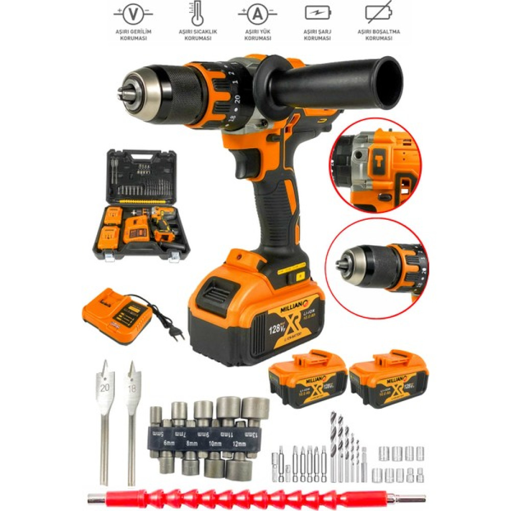 128 V 10 Ah Bakır Sargılı Darbeli Şarjlı Matkap Çift Akülü Metal Şanzıman Vidalama 39 Parça Setli Matkaplar Fiyatı