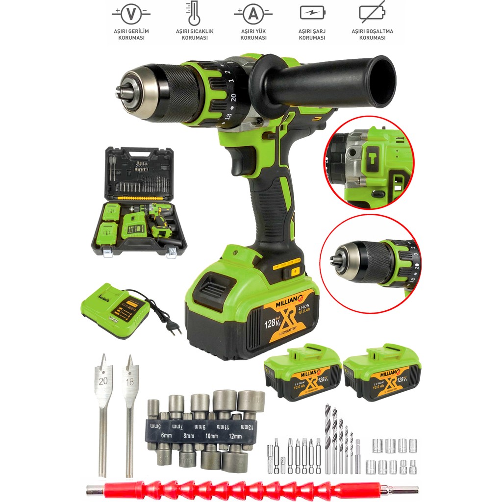 128 V 10 Ah Bakır Sargılı Darbeli Şarjlı Matkap Çift Akülü Metal Şanzıman Vidalama 39 Parça Setli Matkaplar Fiyatı
