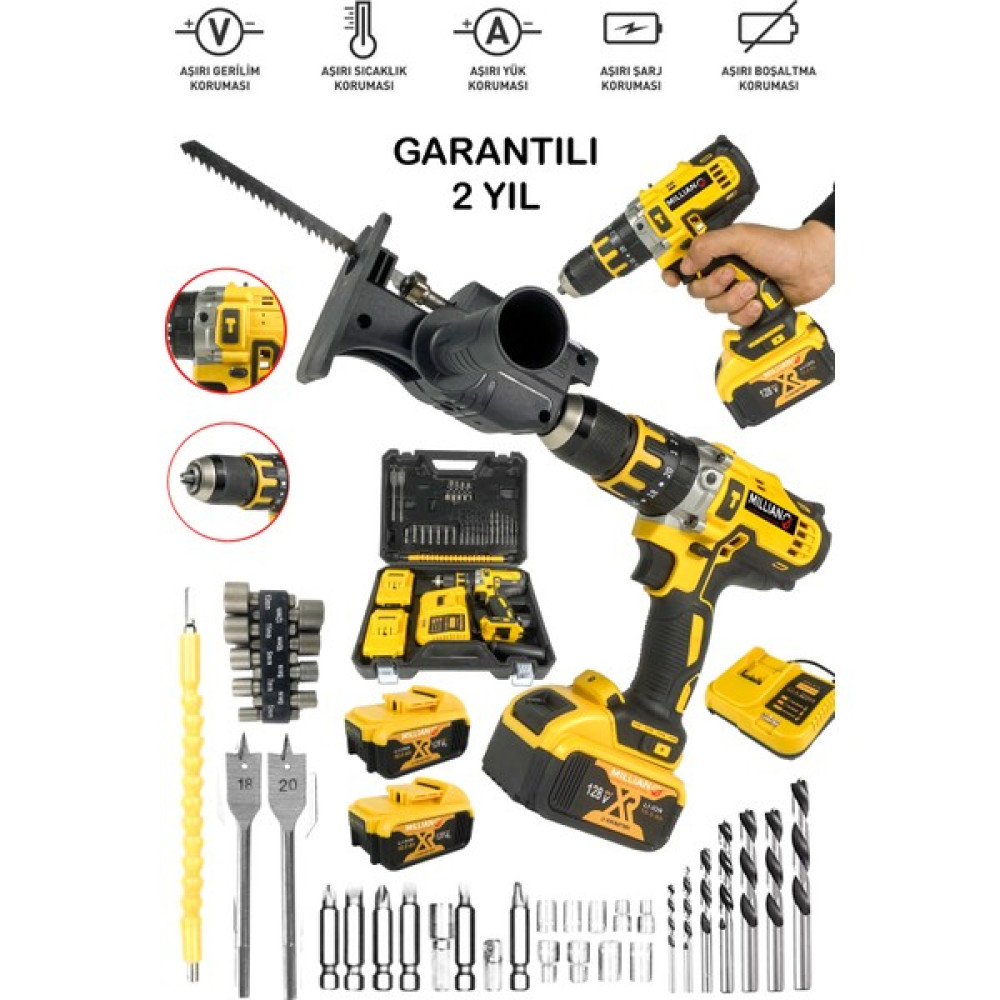 128 V 10 Bakır Sargı Darbeli Şarjlı Matkap (Tilki Testere Aparatı Hediyeli) Metal Şanzıman Vidalama Matkaplar Fiyatı