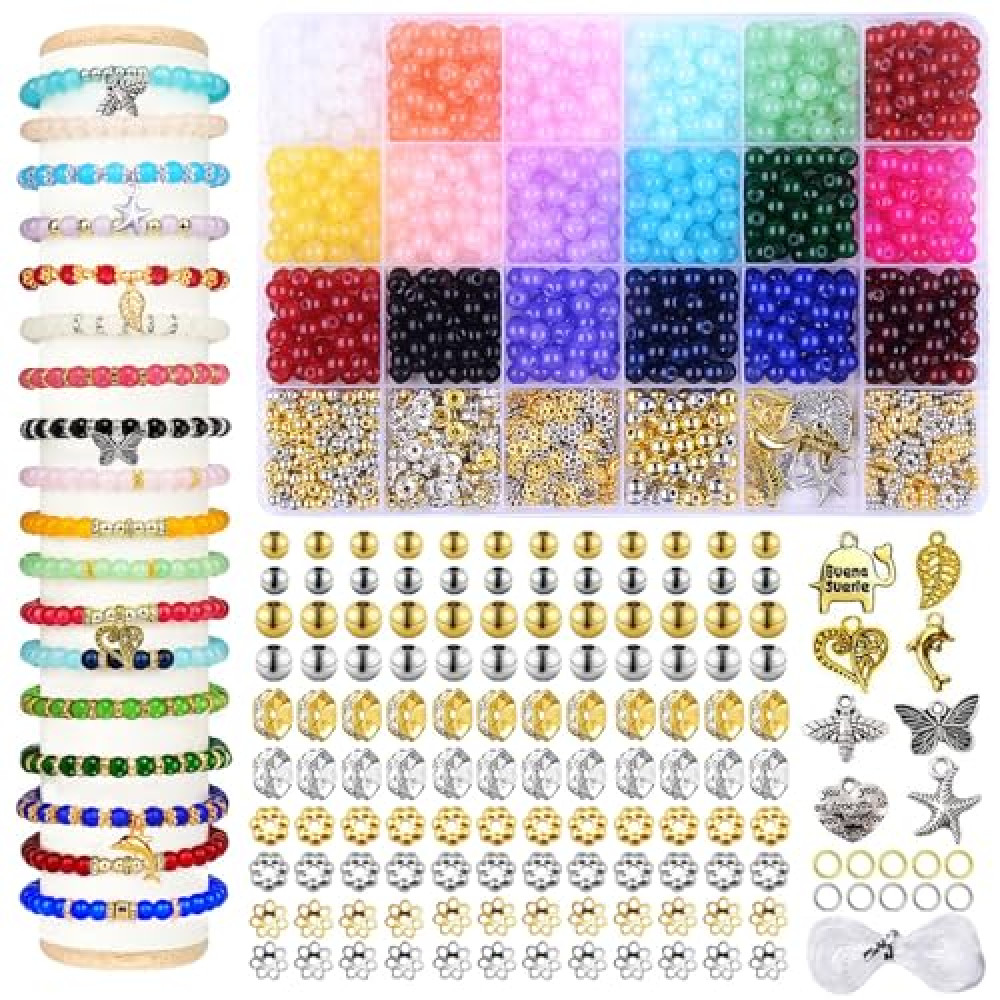 1280pcs 6mm Glass Beads for Bracelets, Bracelet Making Kit 24 Style Crystal Beads for Jewelry Making Round Beads DIY Crafts with Spacer Beads Charms Accessories