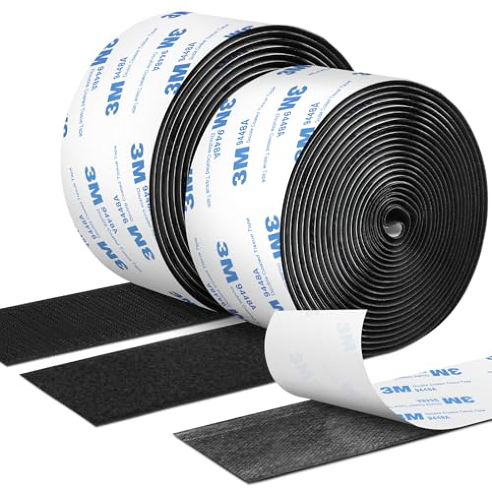 12Ft x 2 Inch Hook and Loop Tape, Heavy Duty Double-Sided Adhesive Strips, Strong Sticky Back Fastener Roll, Cuttable Interlocking Tape Fasteners for Home, Office, Car, School & DIY Crafts Black