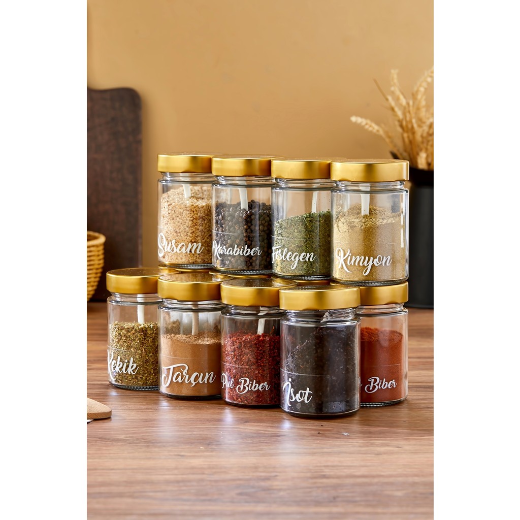 12'li 350 ml Metal Kapaklı Baharat Saklama Kabı Cam Kavanoz(Plastik Kaşık/ Etiket Dahil) - Gold Eşya Saklama / Düzenleme Fiyatı
