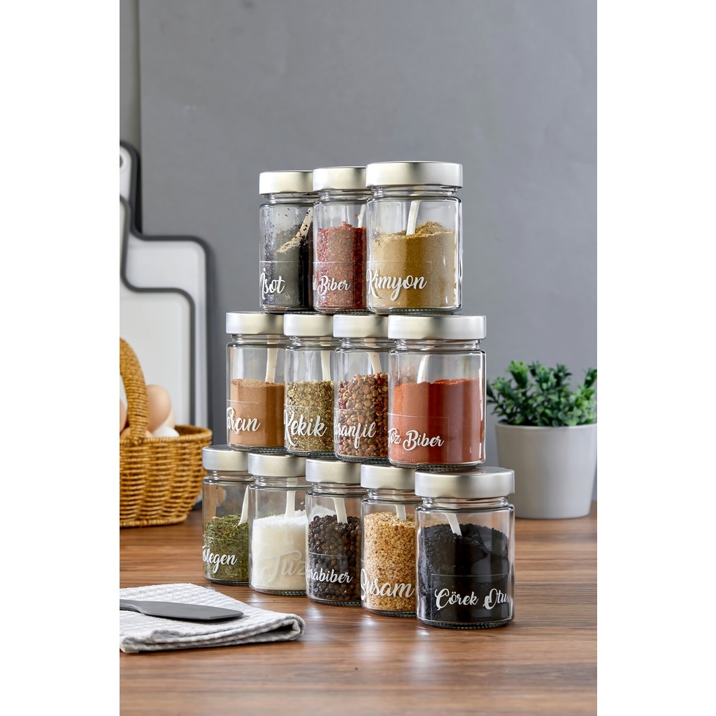 12'li 350 ml Metal Kapaklı Baharat Saklama Kabı Cam Kavanoz(Plastik Kaşık/ Etiket Dahil) - Gümüş Eşya Saklama / Düzenleme Fiyatı