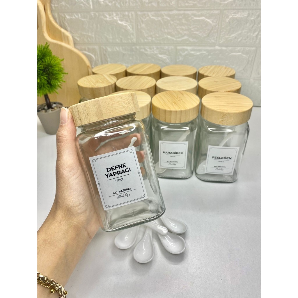 12'li 500ML Bambu Kapaklı Baharat Seti Kaşıklı Etiketli Baharatlık - Şeffaf - 500 ml Çatal / Kaşık / Bıçak Takımları Fiyatı