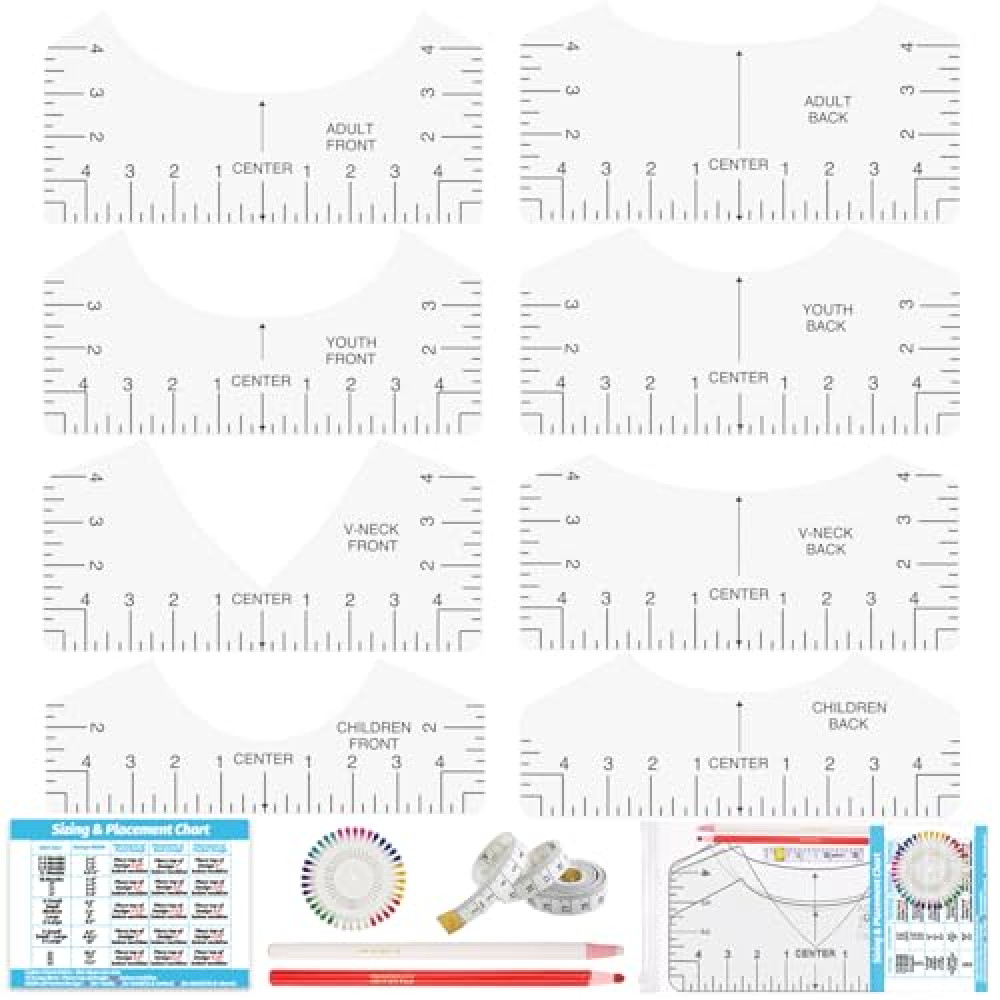 12Pcs Tshirt Ruler Guide for Vinyl Alignment, T Shirt Rulers to Center Designs Pocket Logo, Fit for Heat Press, Alignment, Children Youth Adult, Front and Back Measurement