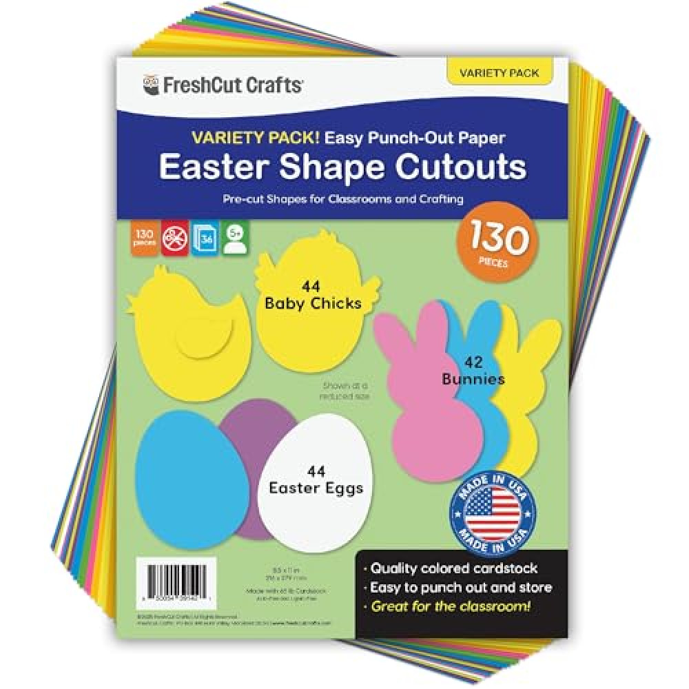 130 Pieces Eggs, Baby Chicks & Bunny Punch Out Paper Cutouts for Easter Decorations, 2-Sided US Made Card Stock cutouts for Easter Crafts, Spring Party, Bulletin Boards, Classroom Decor