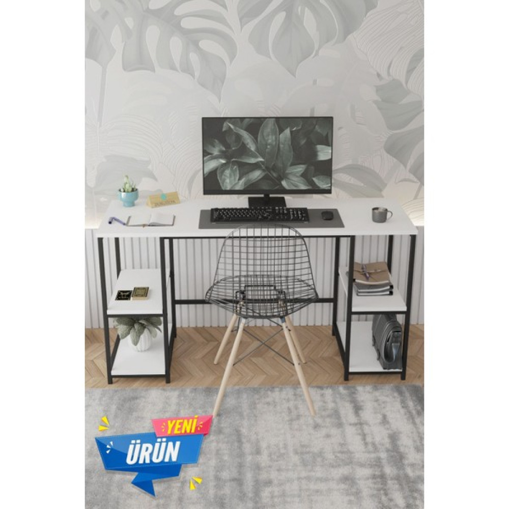140*50 cm Metal Çalışma Bilgisayar Ofis Masası Kitaplıklı - 140 - Beyaz - Siyah Çalışma Masası Fiyatı