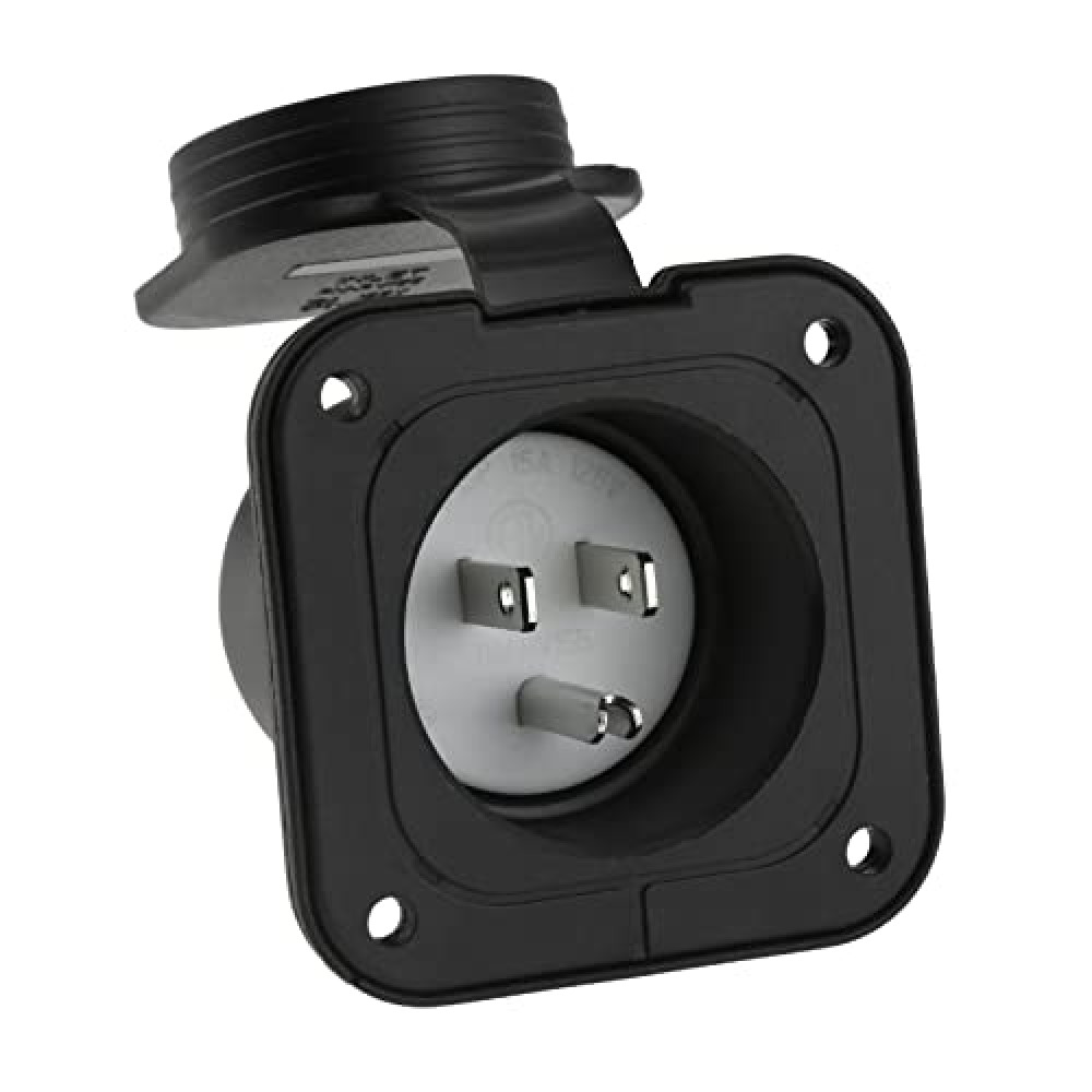 15 Amp Flanged Inlet, 125V NEMA 5-15P Shore Power Inlet Receptacle, AC Port Plug with Waterproof Cover Recessed Male Outlet, 2 Pole 3-Wire Straight Blade Electric Plug for RV Trailer Shed Block Heater