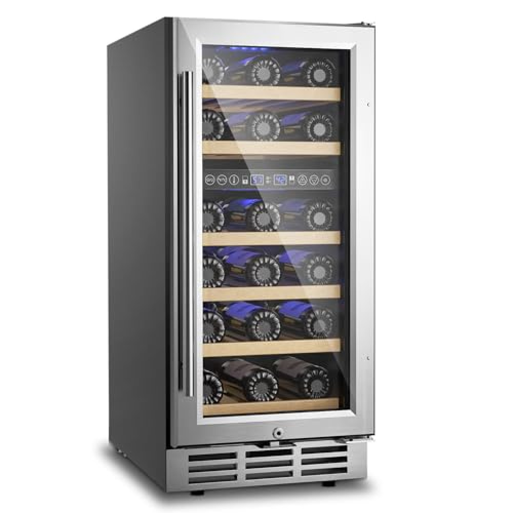 15 Inch Wine Cooler Refrigerator, 30 Bottle Wine Fridge Dual Zone, Wine Fridge Under Counter for Built-In or Freestanding, Wine Refrigerator with Removable Shelves, Double-Layer Glass Door, for Home